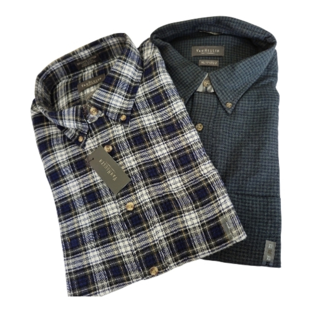 Mens 2 BRUSHED 100%COTTON LONG SLEEVE SHIRTS PLAID VAN HEUSEN XL 17-171/2
